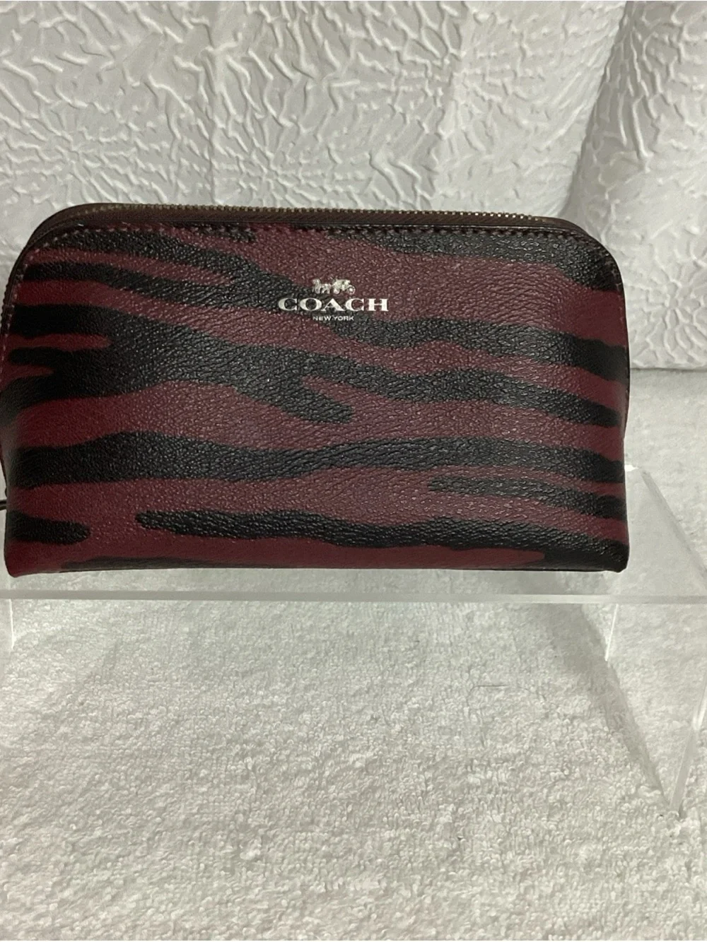 COACH Oxblood Zebra Striped Coated Canvas Zip Cosmetic Bag Pouch